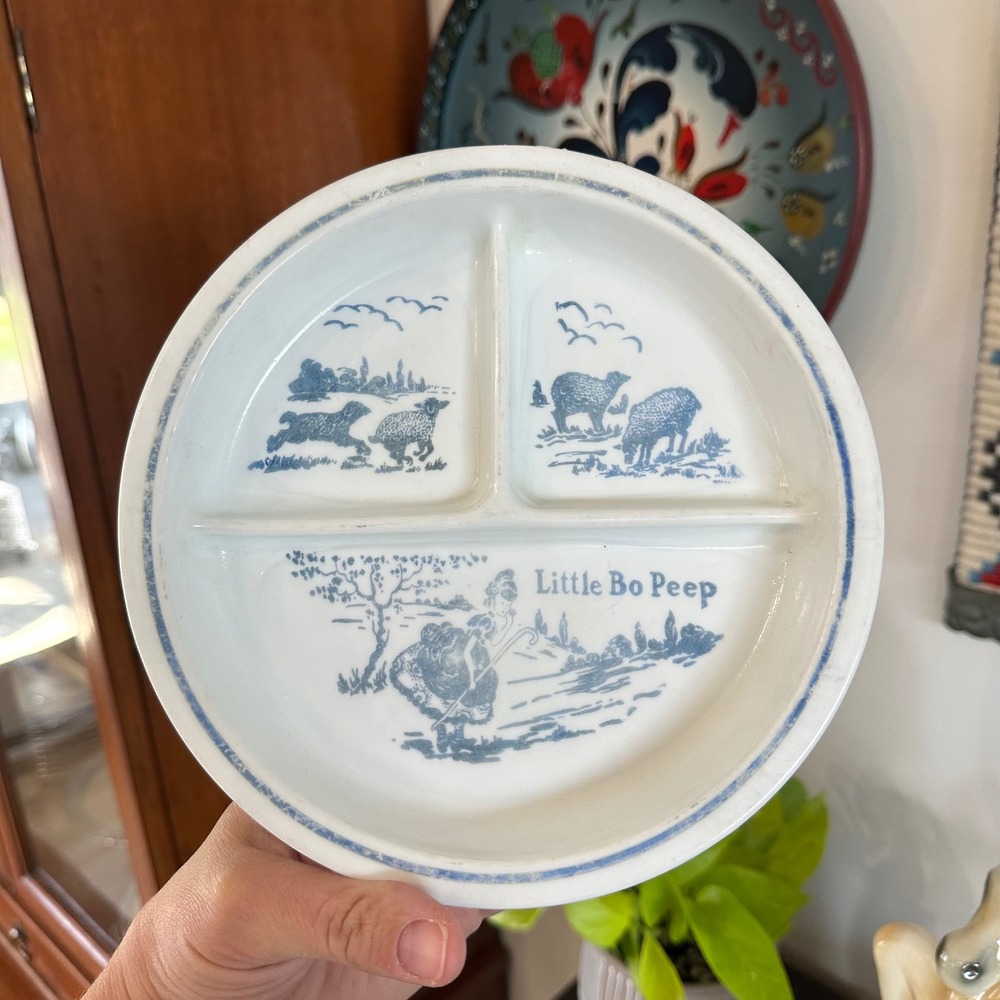 Vintage Vitrock Milk Glass Little Bo Peep Divided Baby Plate Blue White 8 Inch